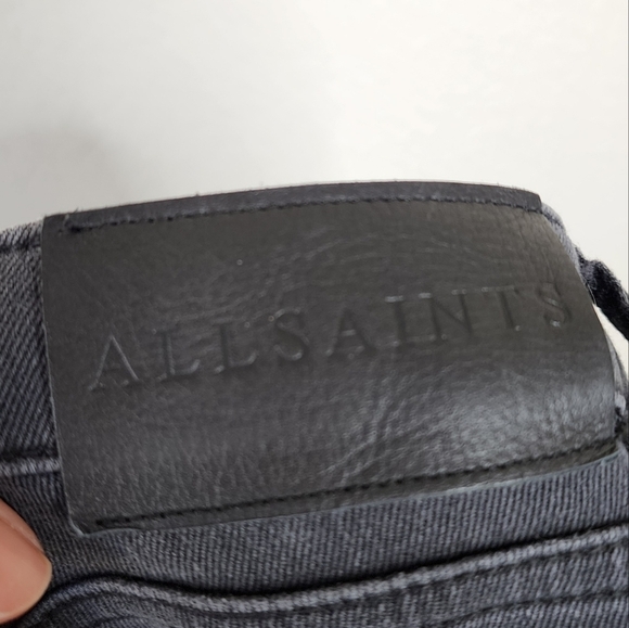 All Saints Washed Black Low Rise Leather Patch Raw Hem Jeans 25 - Picture 5 of 7